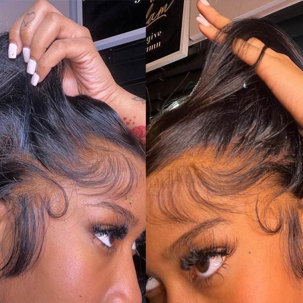 Close-Up of Natural Black Body Wave Wig Styled With Baby Hairs On a Woman