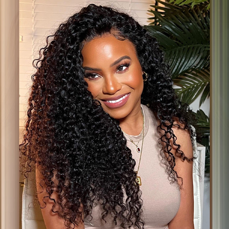 Woman Flaunting a Beautiful Kinky Curly Wig in Natural Black Color