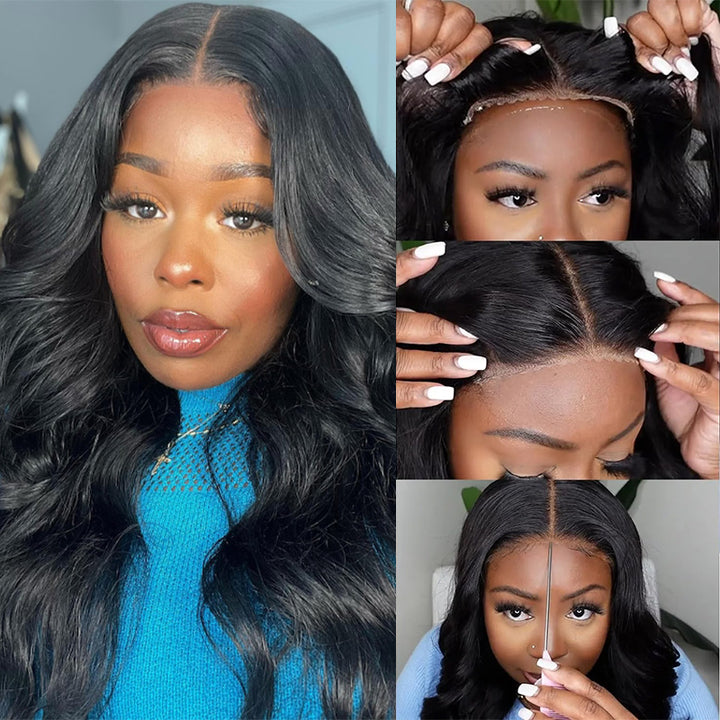 Model Demonstrating Glueless Body Wave Wig With Defined Part and Natural Hairline