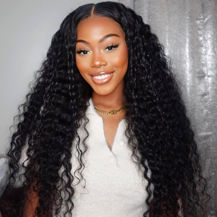 Model With Voluminous Body Wave Wig in Natural Black Color, Smiling Confidently