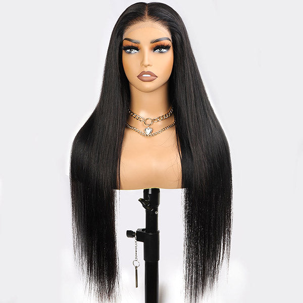 Long Straight Human Hair Wig On Mannequin With Glossy Finish and Sleek Look