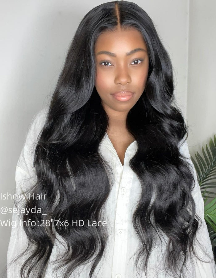 Long Loose Body Wave Wig in Natural Black Color By Ishow Hair On a Model