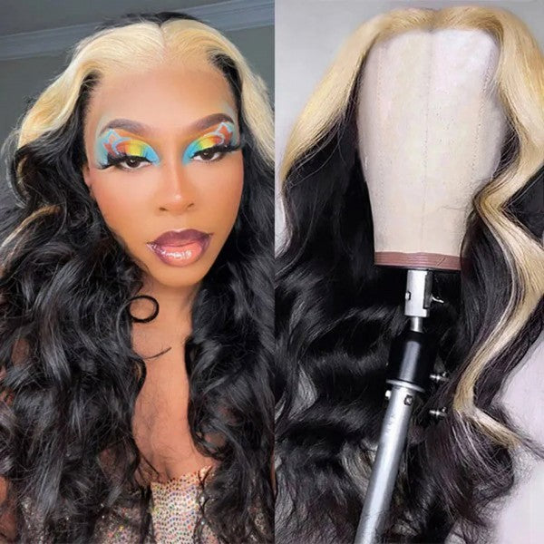 Ishow Glueless Wigs Blonde Skunk Stripe 5x5 HD Lace Closure Wig with Body Wave texture displayed on a mannequin and worn by a person, highlighting its natural look and black base with a blonde stripe.