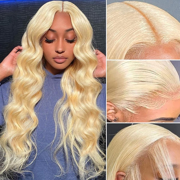 Close-Up of 613 Honey Blonde Body Wave Wig With Natural Hairline and Defined Waves