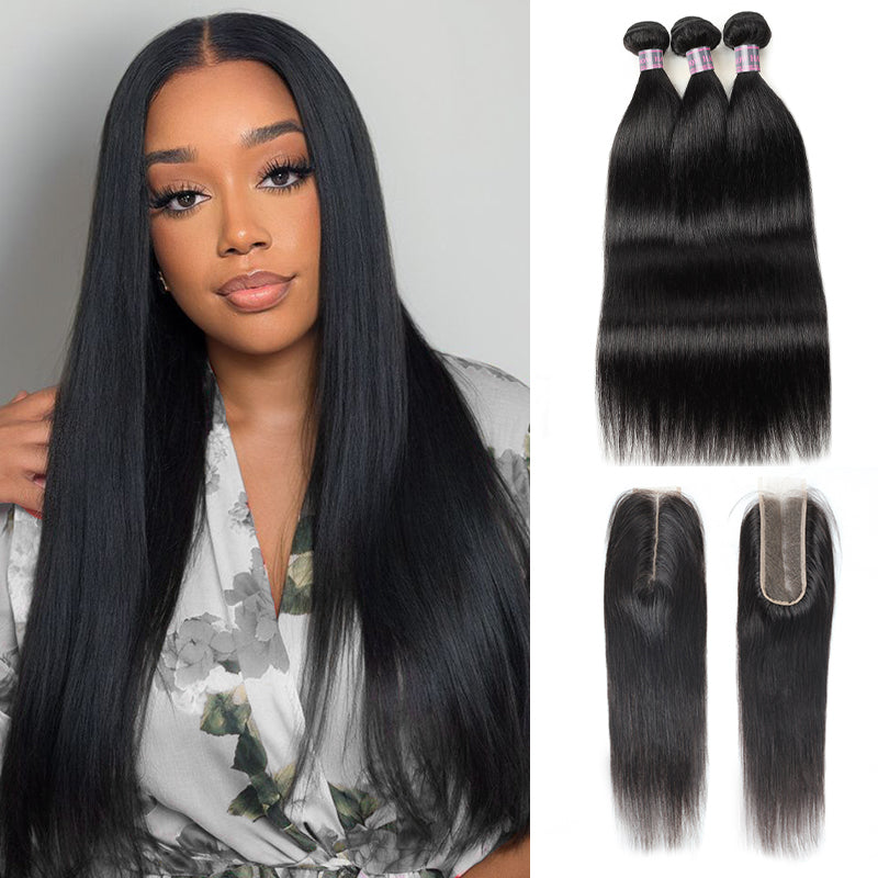 Ishow Hair Bundles With 2X6 Lace Closure, Straight Human Hair