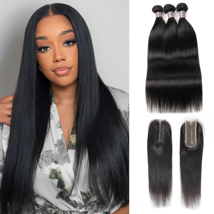 Ishow Hair Bundles With 2X6 Lace Closure, Straight Human Hair