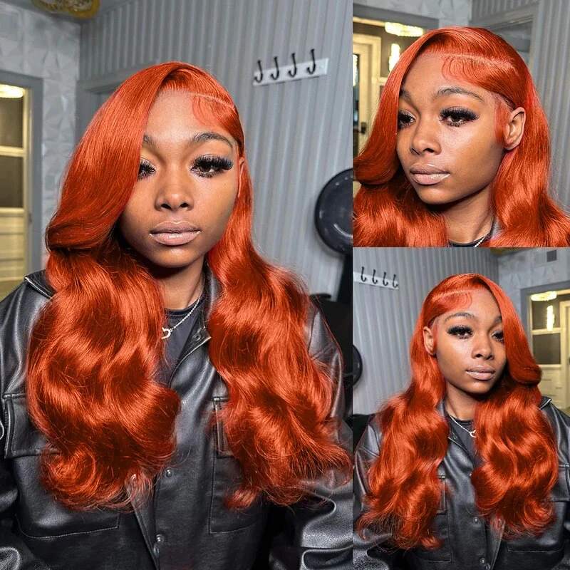 Ginger Orange Body Wave Wig On Model, Shown From Multiple Angles