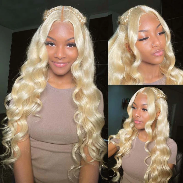 Two models showcasing 30-inch blonde lace front wig with body wave texture, HD transparent lace frontal, pre-plucked hairline, and loose waves; one displayed on a mannequin and the other worn by a person in a gray top.