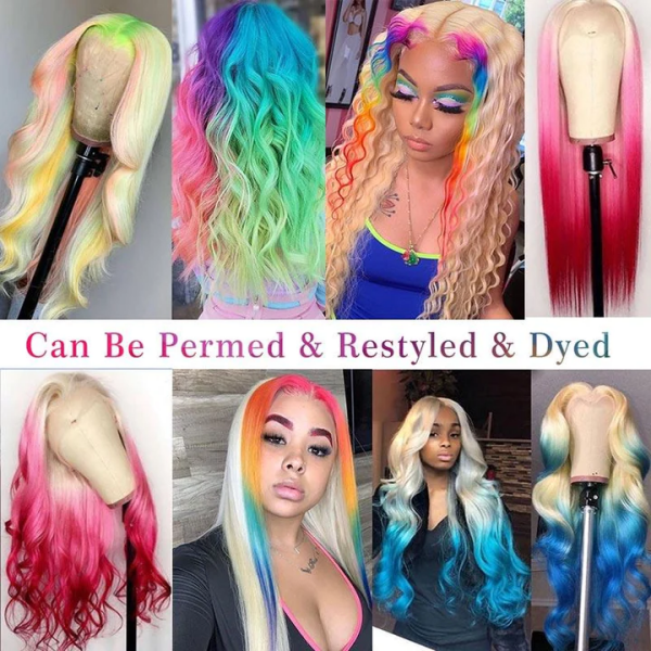 Colorful Wig Styles Collage With Text: 'Can Be Permed & Restyled & Dyed'