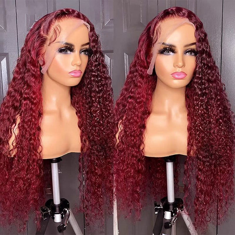 Models Showcasing 32-Inch Burgundy Deep Wave HD Lace Frontal Wig With Baby Hair