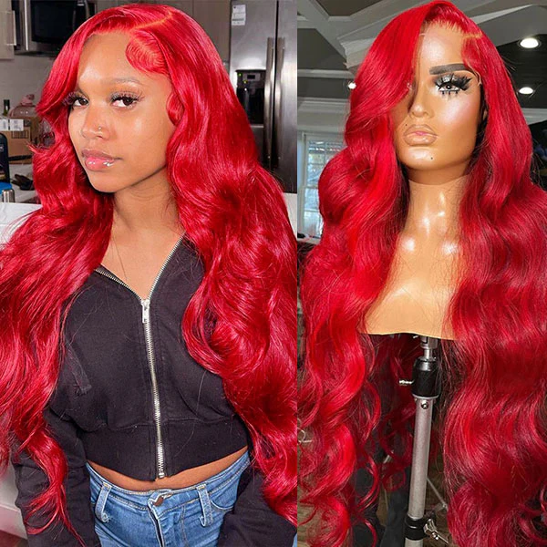 Vibrant Red Body Wave Wig Displayed With Model Wearing Matching Hairstyle