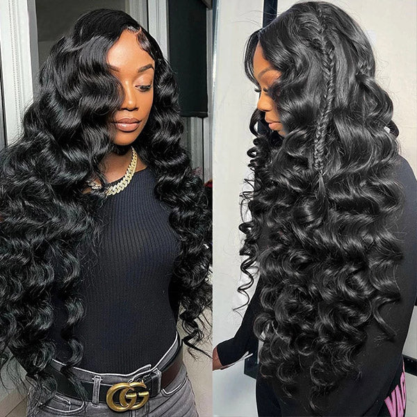 Woman showcasing 32 inch Loose Deep Wave HD Transparent Lace Front Wig in natural black color with deep wave texture, featuring front and side views.