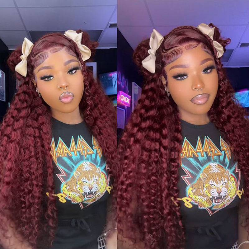 Model With 99J Burgundy Deep Wave Human Hair Bundles and Closure, Displaying Shiny Curls