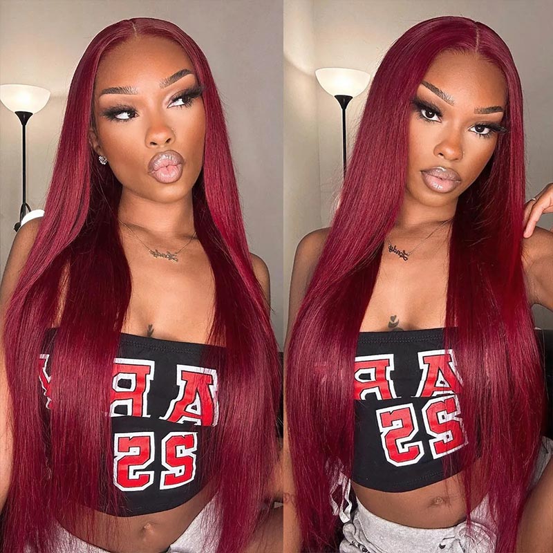 Burgundy Lace Front Wigs 32 Inch HD Human Hair Wigs Straight Colored Wigs With Baby Hair