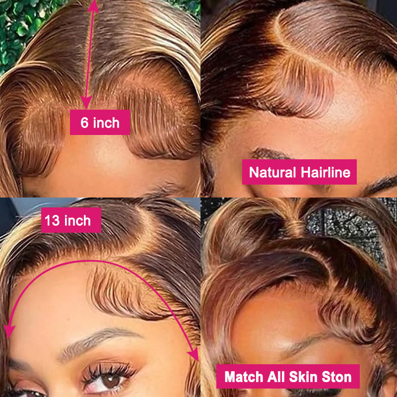 Honey Blonde Highlights Wig Styled in Soft Waves, Model With Natural Makeup
