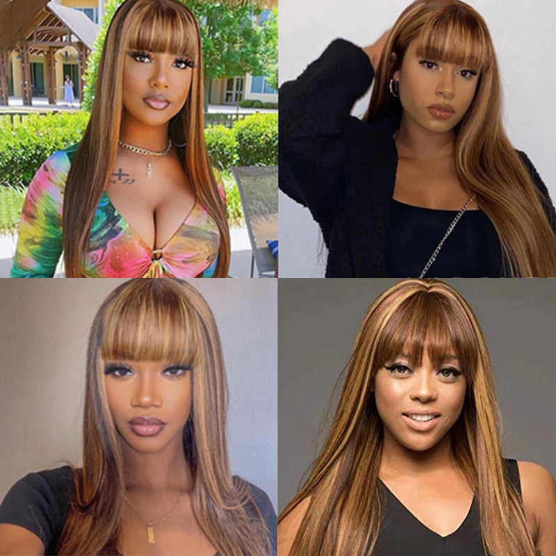 Ishow Beauty P4/27 Honey Blonde Color No Lace Straight Human Hair Wigs With Bangs - IshowHair