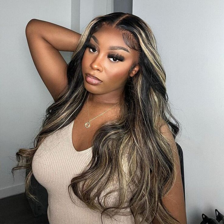 Model With 30 Inch Body Wave Glueless Wig in 1B/27 Highlights, Posing Elegantly