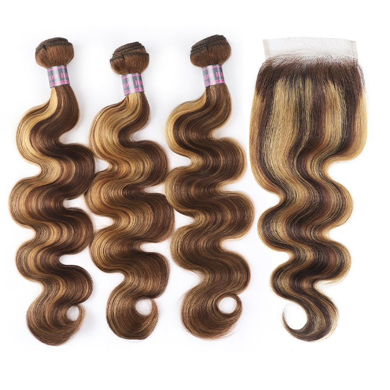 P4/27 Body Wave Hair Bundles With 4X4 Lace Closure Showcasing Soft, Highlighted Waves