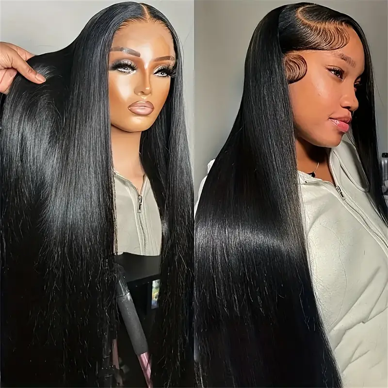 Model Showcasing Sleek 22-Inch Straight Glueless Human Hair Wig in Natural Black