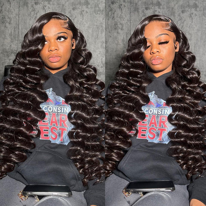 Model With Long Loose Deep Wave Wig, Wearing Black Hoodie With City Graphic