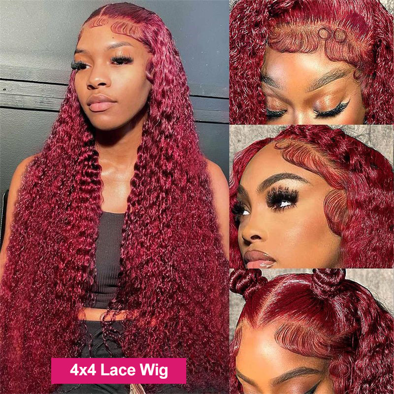 Deep Wave Wig 99J Burgundy color on a mannequin showcasing HD lace closure, natural deep wave texture, and voluminous 250 density hair from different angles.