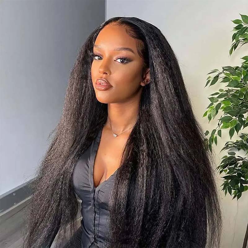 Model Wearing a Long Kinky Straight Human Hair Wig, Showcasing Volume and Shine