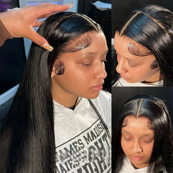Close-Up of Model Wearing Glueless Straight HD Lace Wig With Natural-Looking Hairline
