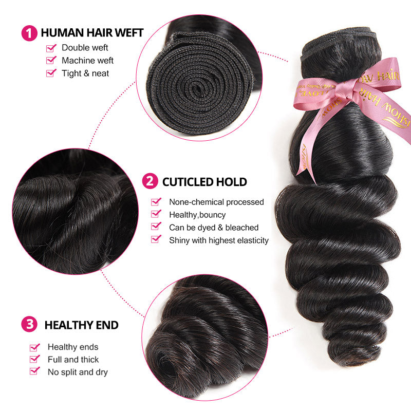Close-Up of 100% Human Hair Weave With Pink Ribbon, Showcasing Soft, Bouncy Loose Waves