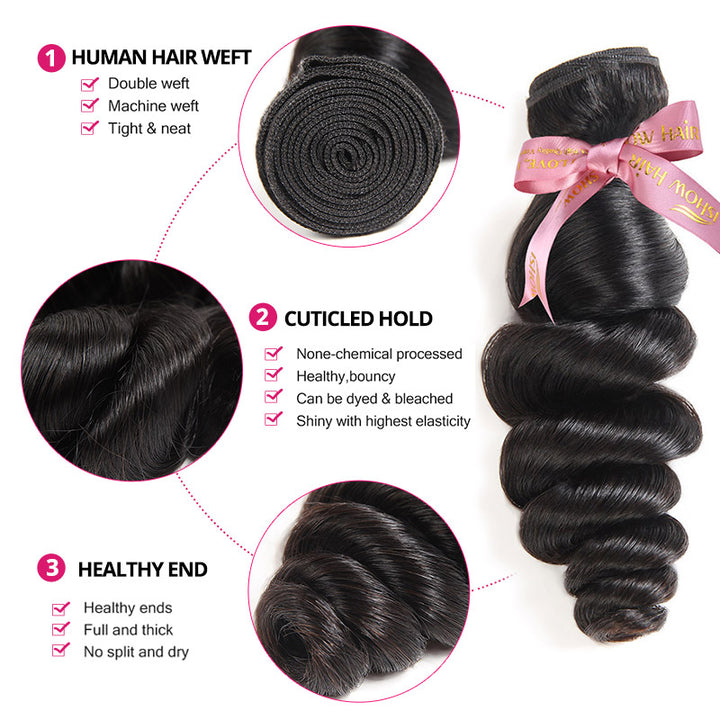Close-Up of 100% Human Hair Weave With Pink Ribbon, Showcasing Soft, Bouncy Loose Waves