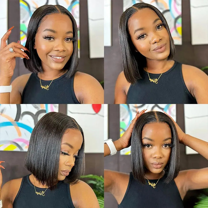 Model Wearing Middle Part Bob Wig in Sleek Straight Brazilian Hair From Multiple Angles