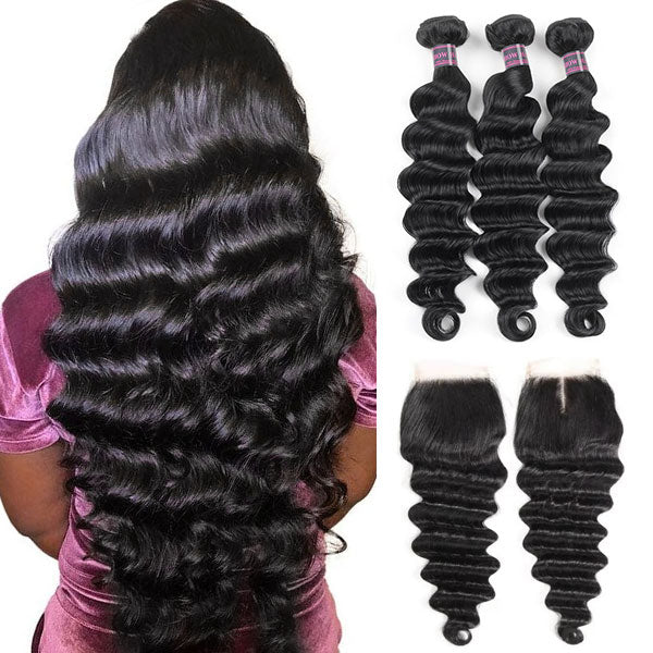 Loose deep wave Brazilian hair extensions shown on a model, with 3 bundles and 2 4x4 lace closures, natural black color.