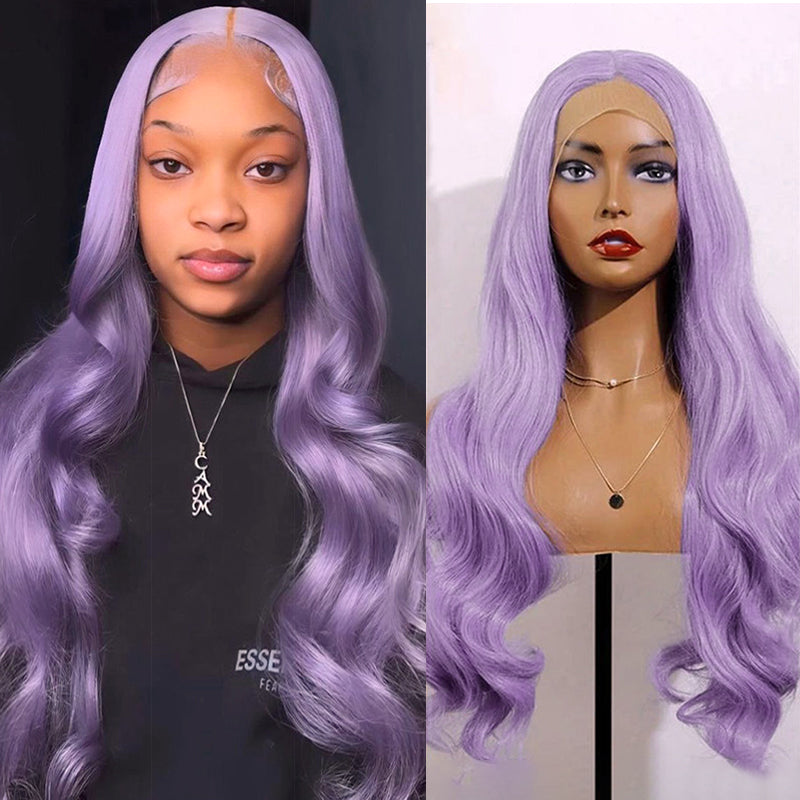 Light Purple Body Wave Human Hair Wig On Model and Mannequin