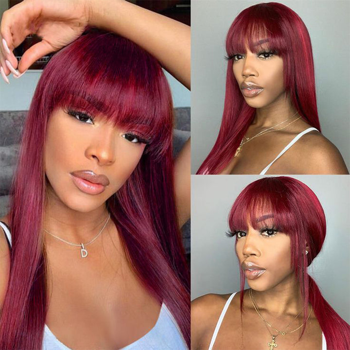 99J Burgundy Color Straight Hair No Lace Wig With Bangs - IshowHair