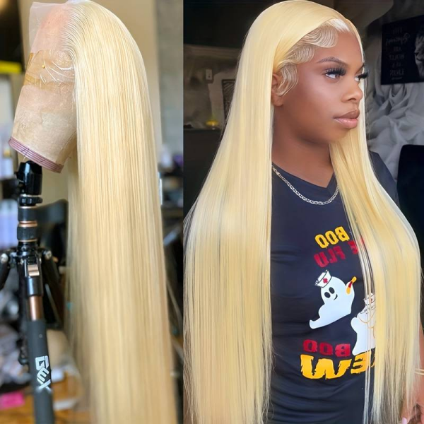 Model With Sleek 613 Blonde Straight Hair Beside a Wig On a Mannequin