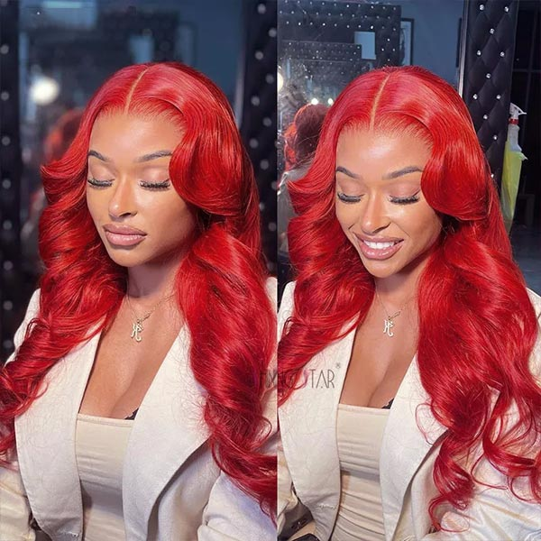 Model Wearing Ishow Hair Vibrant Red Body Wave Wig, Demonstrating a Natural Look