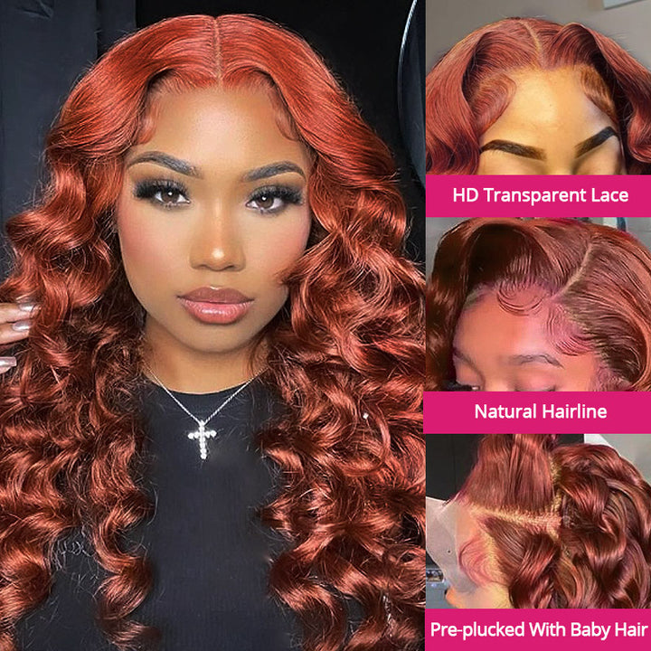 Model Wearing Auburn Loose Deep Wave Wig Highlighting HD Lace and Natural Hairline