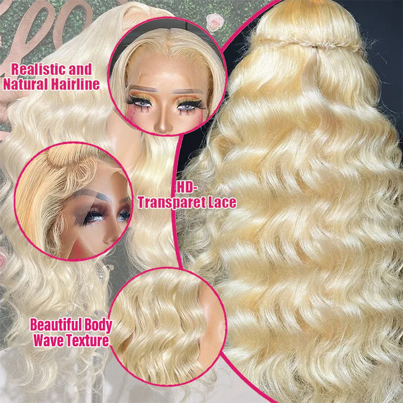613 Blonde Body Wave Wig With Realistic Hairline and HD Transparent Lace Texture