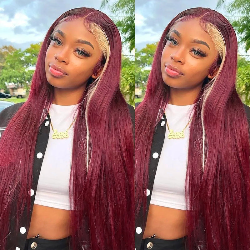 99J Burgundy With 613 Blonde Highlights 13x4 Bone Straight Skunk Stripe Wig HD Lace Wigs