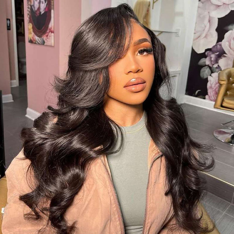 Model Wearing 18 Glueless Body Wave Wig, Showcasing Natural Flowing Style