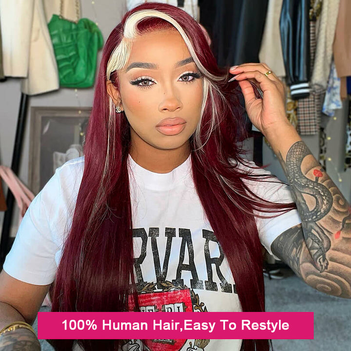 13x4 HD Transparent Lace Front Wigs Body Wave 99J Burgundy With 613 Blonde Highlight Wigs