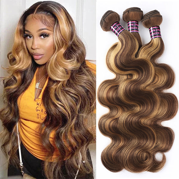 Honey Blonde Highlight Body Wave Human Hair Bundles and Model