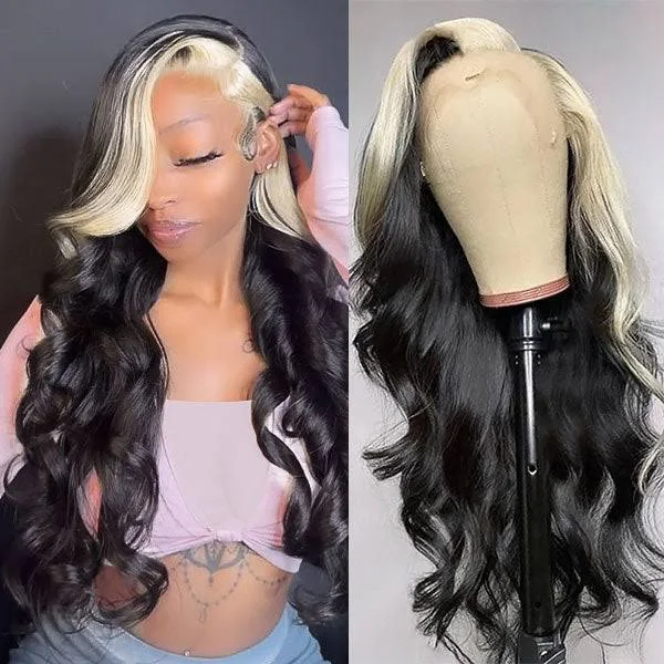 Body Wave Wig With Blonde Skunk Stripes Shown On Mannequin and Model