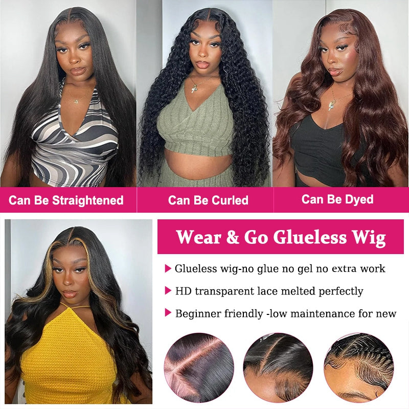 Collage of Glueless Wigs Showing Styles: Straightened, Curled, and Dyed Options