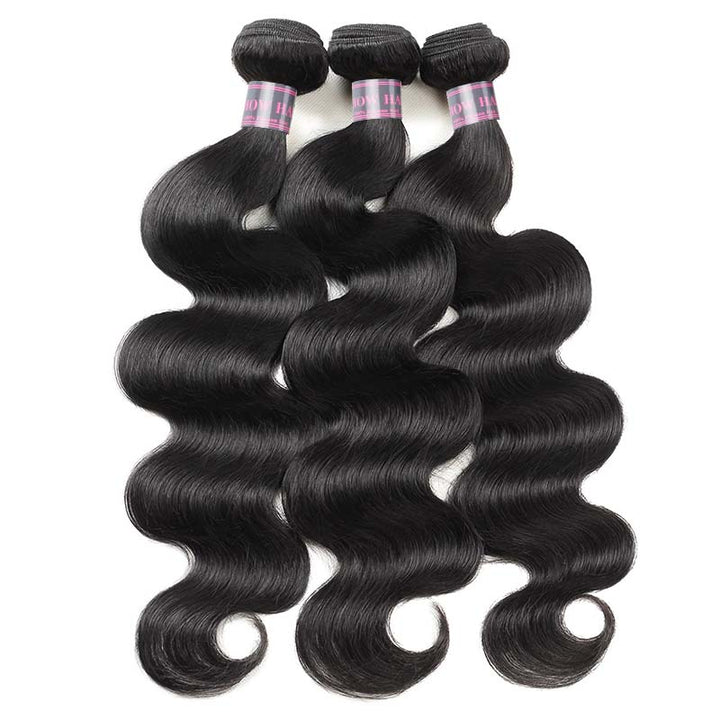 Three Bundles of Natural Black Body Wave Hair Extensions With Shiny, Soft Texture