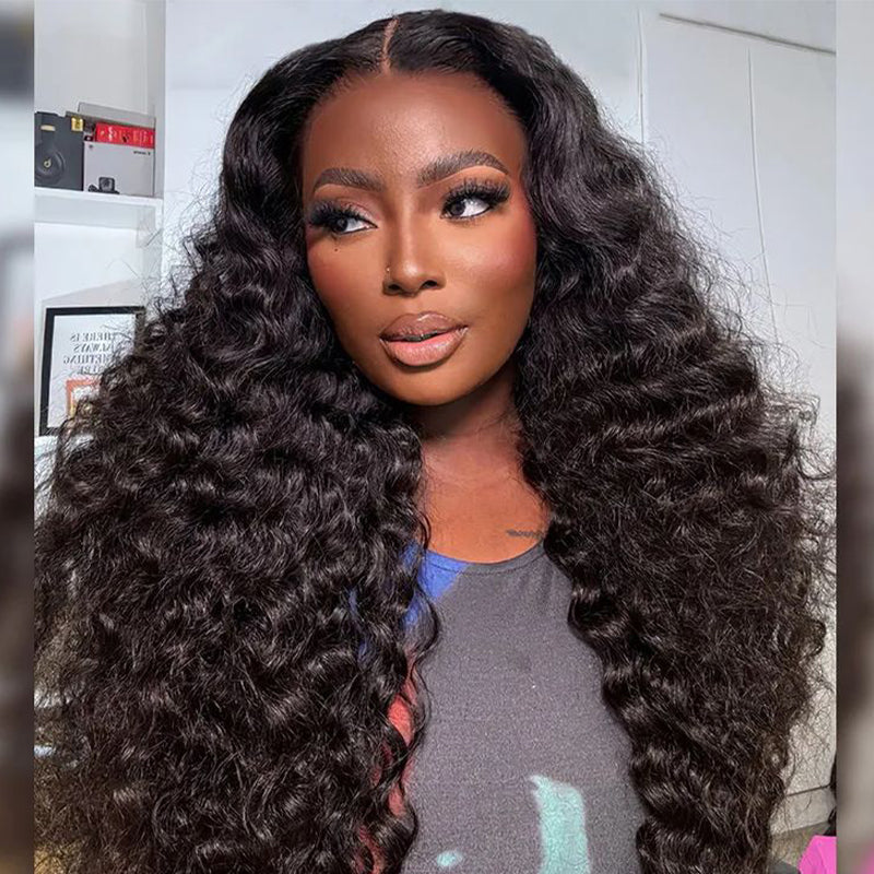 Model Showcasing Loose Deep Wave Lace Wig With Voluminous Curls and Natural Makeup