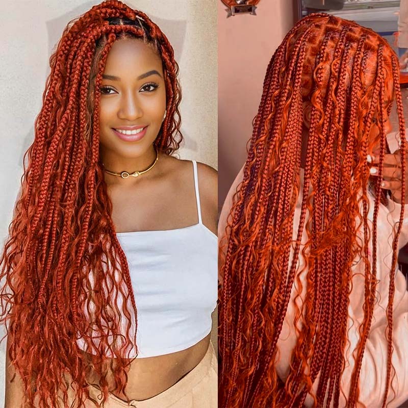 Model With Long Ginger Braids Showcasing Deep Wave Hair Extensions in Vibrant Color