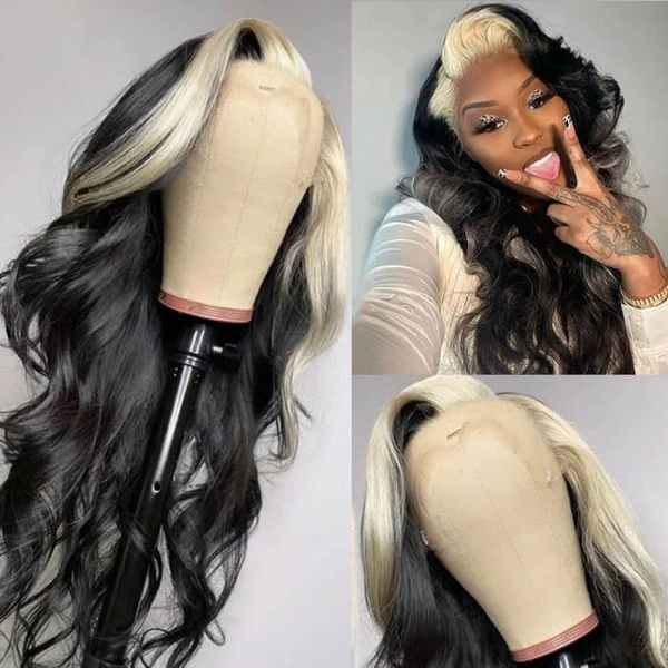 Blonde Skunk Stripe Wig Displayed On Mannequin and Model Showcasing Body Wave Hairstyle