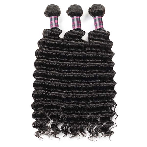 Brazilian Deep Wave Human Hair Bundles in Natural Black Color, Three Pieces