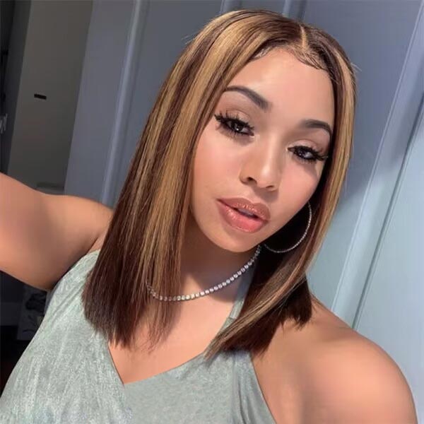 Woman With Balayage Highlighted Straight Bob Wig in a Stylish Outfit