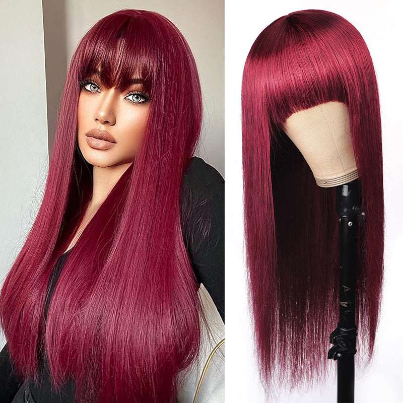 99J Burgundy Color Straight Hair No Lace Wig With Bangs - IshowHair